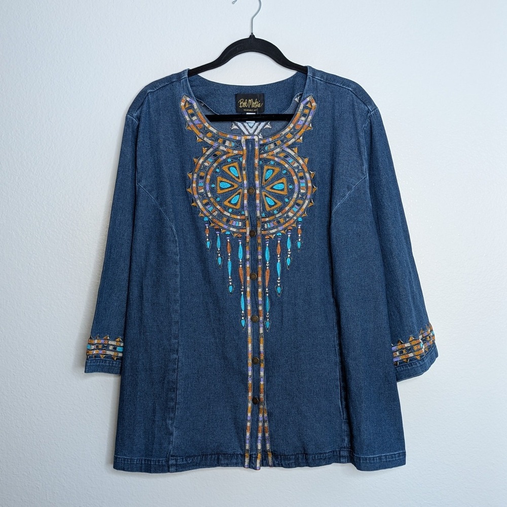 Bob Mackie Wearable Art Blue Denim Embroidered Tribal Sunburst Jacket 3X NWT